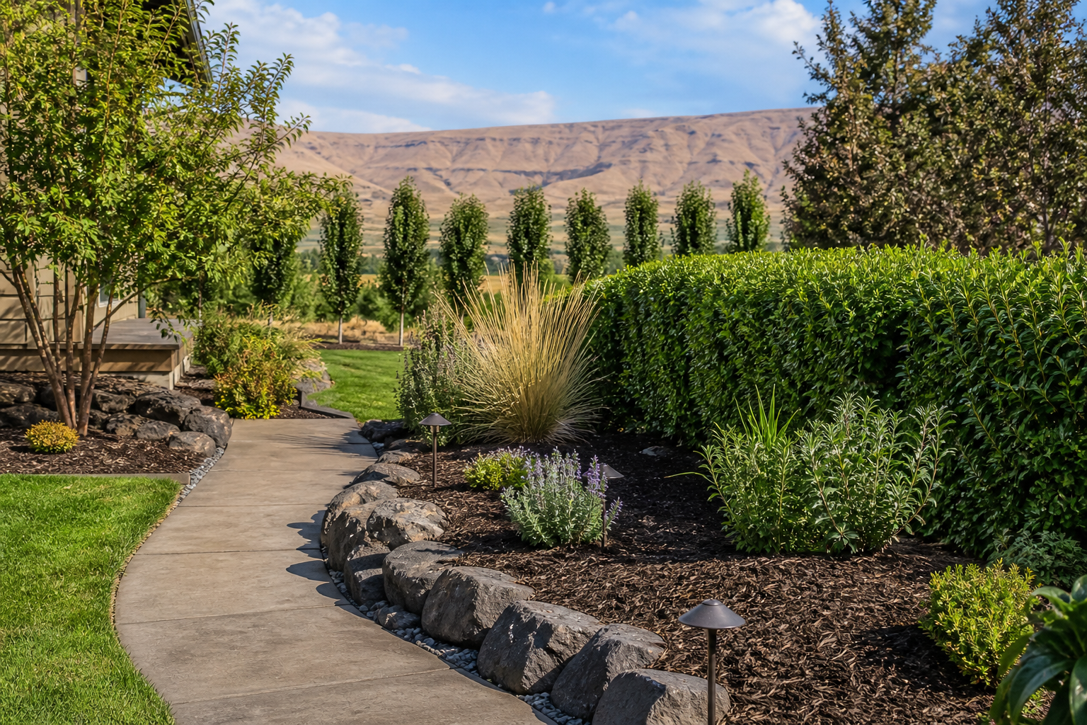 Clean Wenatchee Valley landscape bed with basalt edging and dry hills