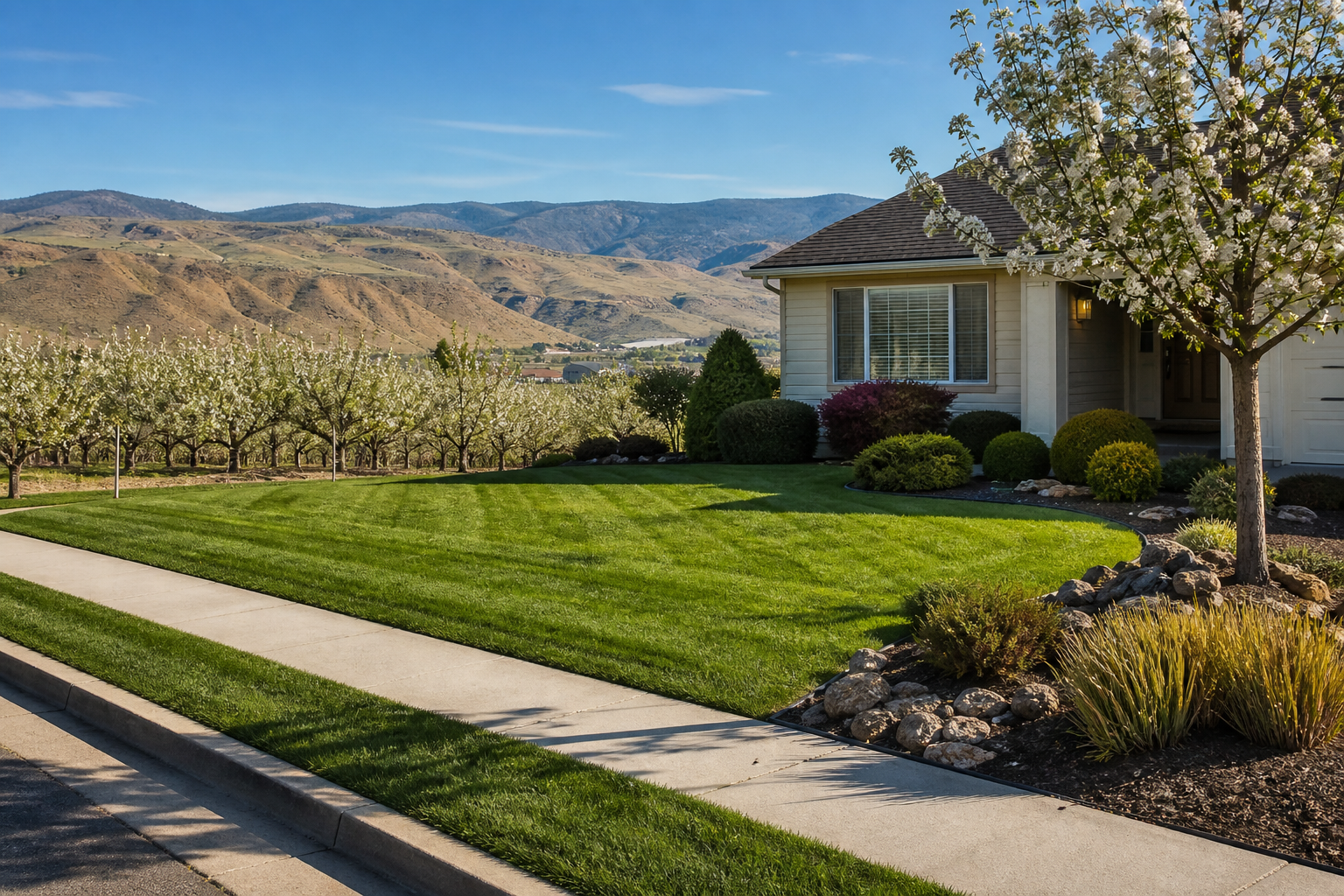 Freshly maintained Wenatchee Valley lawn with orchard and foothill views