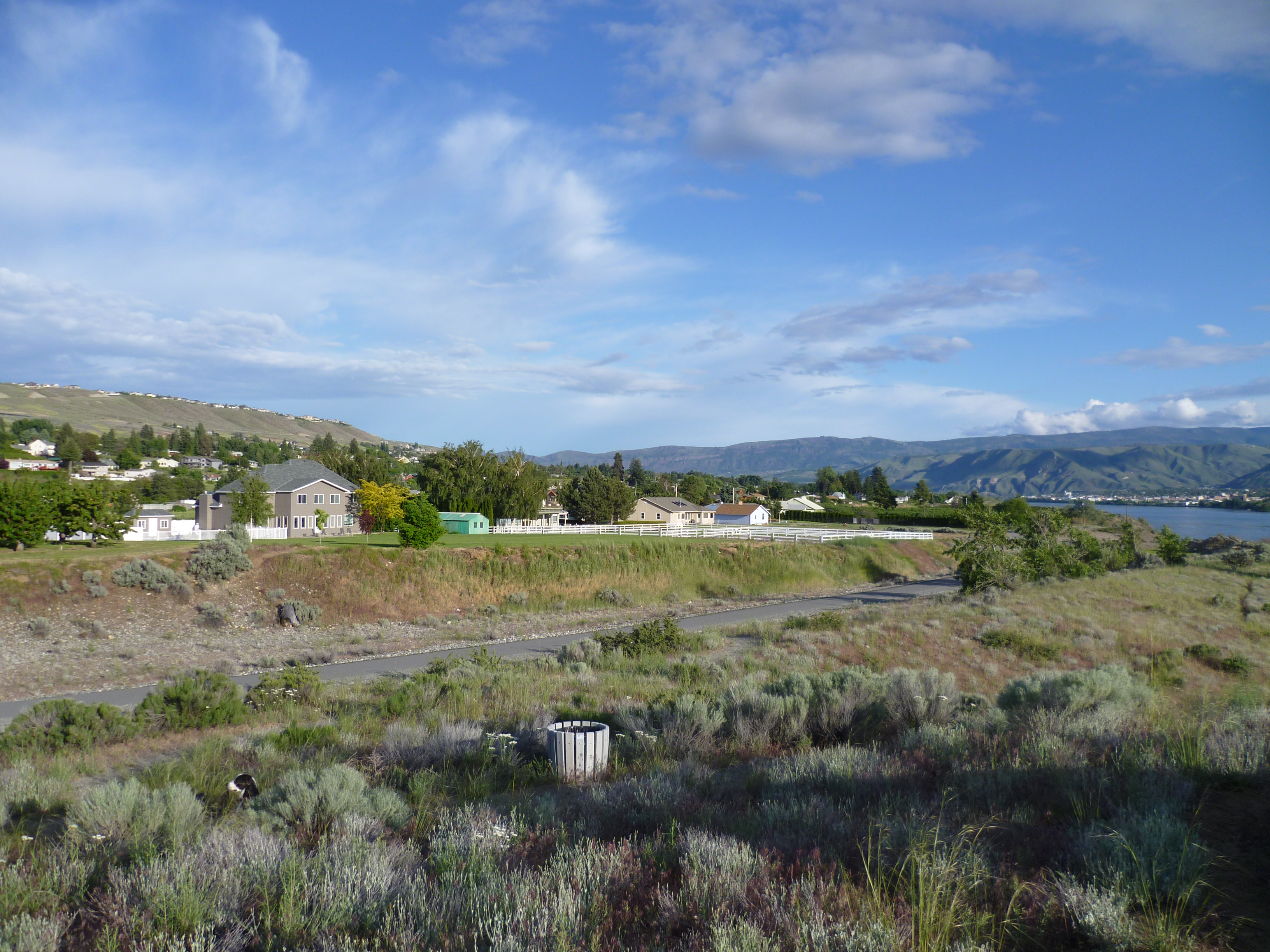Wenatchee Valley homes, sagebrush, river, and foothills